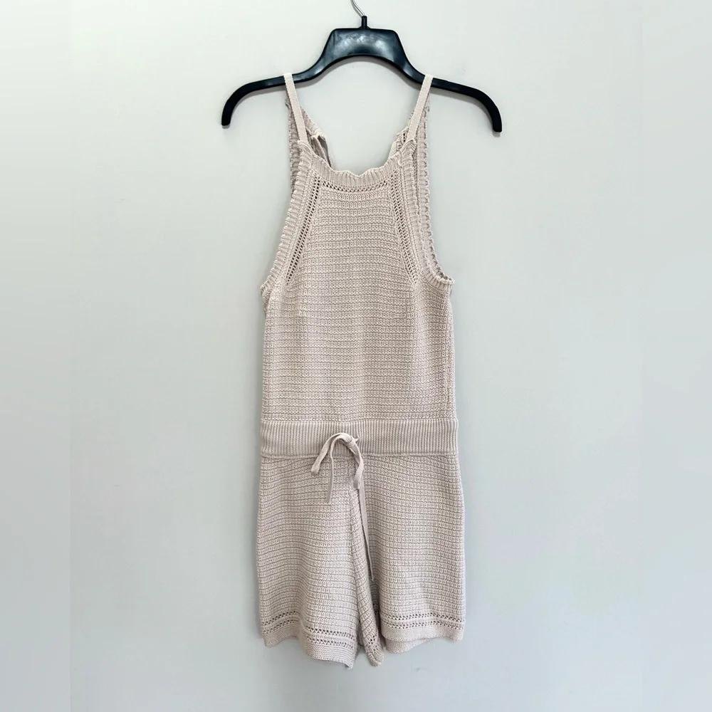 Mable Erika Tie Back Knit Crochet Cotton Sleeveless Boho Romper Beige Tan, Small